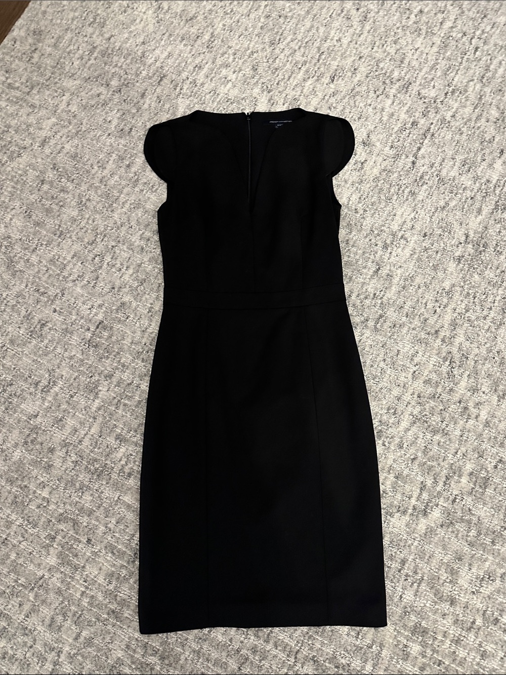 French Connection Black Cap-Sleeve Midi Sheath Dress with Subtle V-Neck